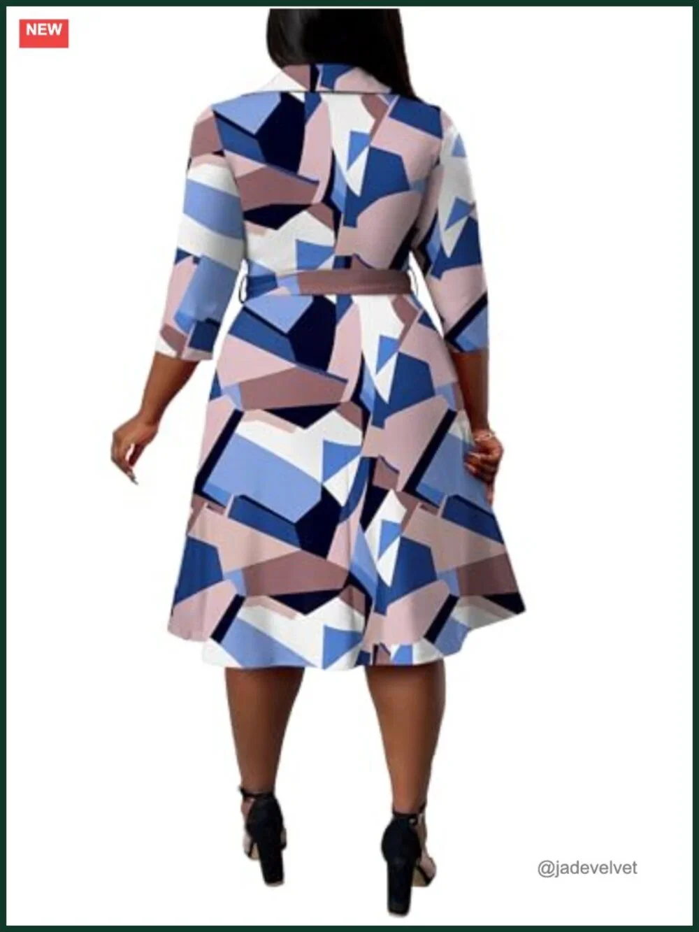Plus Size Midi A-Line Dress with Pockets and Belt African Print 3/4 Flutter